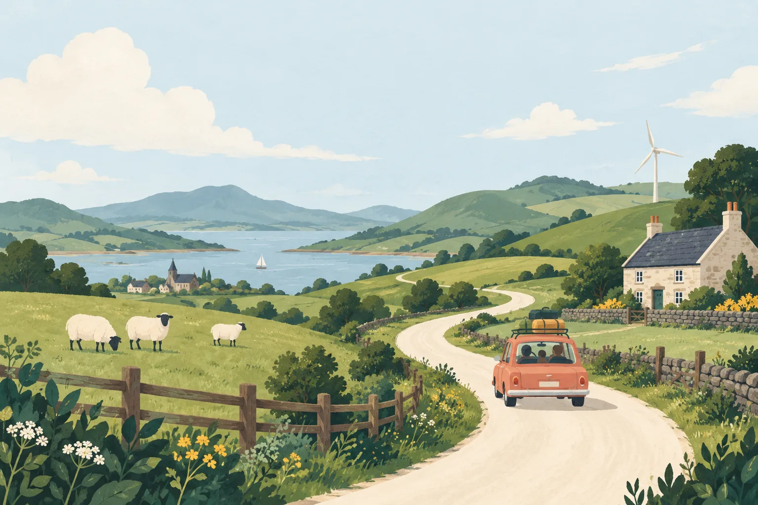 An illustrated terracotta car follows a winding road past sheep, a cottage and a wind turbine.